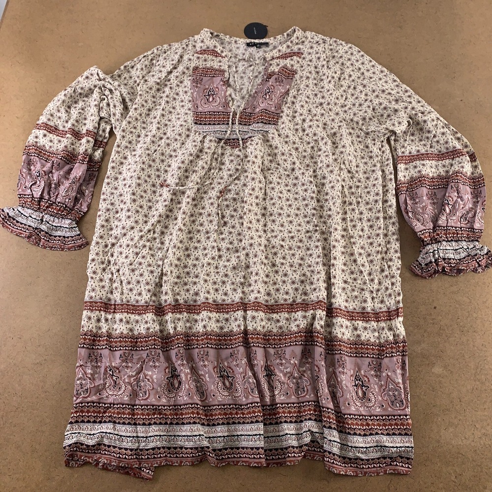 En Creme Women's Size 22 Floral Print Long Sleeve V Neck Boho Mini Dress NWT